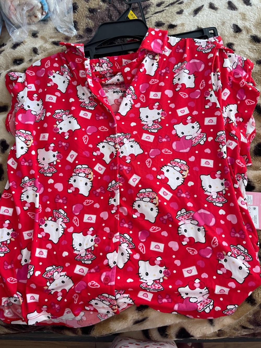 Hello Kitty Red Button-Front Pajama Top with Pink & White Print